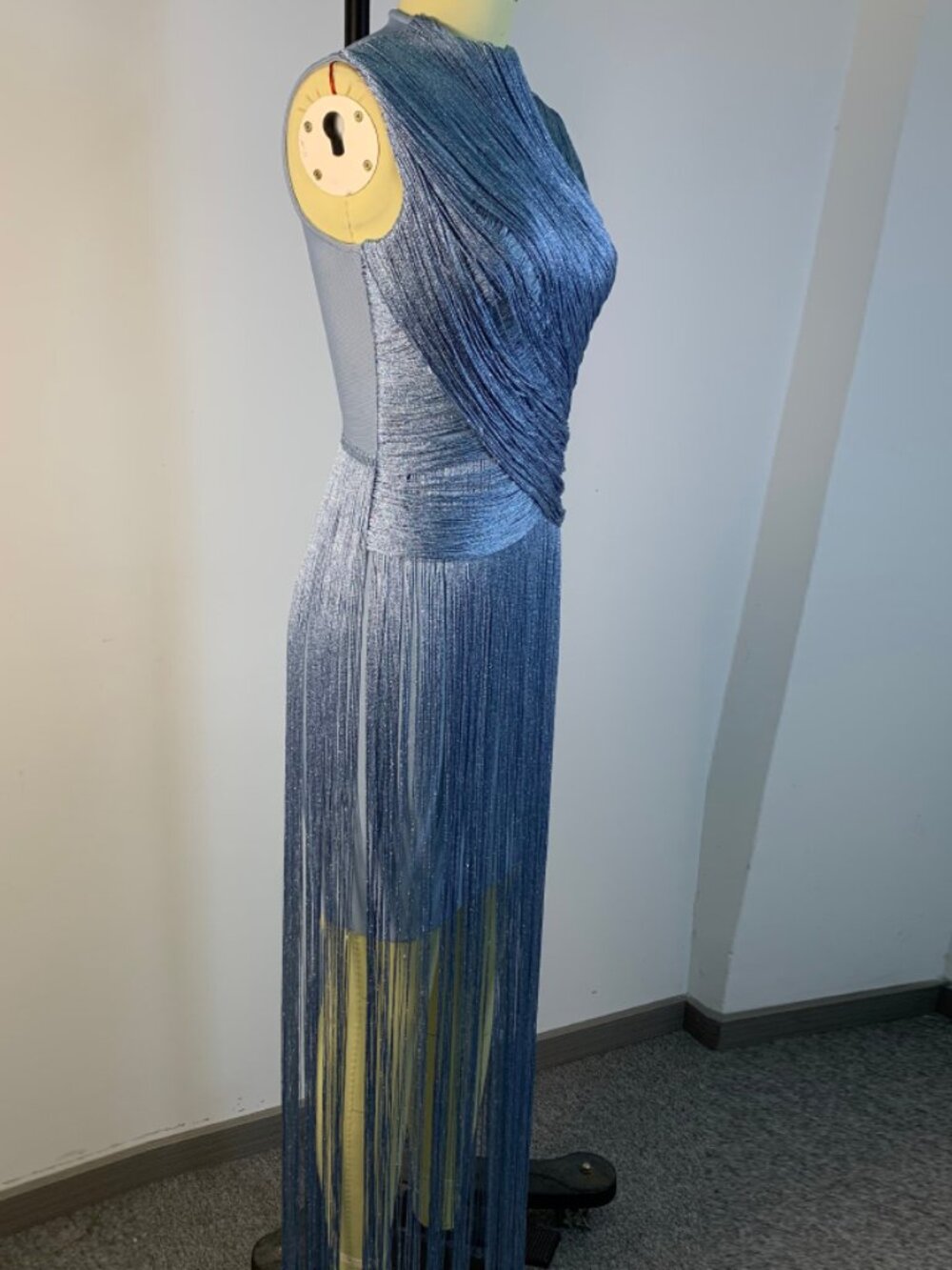 Glam Slate Blue Shimmer Fringe Mock Neck Bandage Bodycon Maxi Gown - Picture 7 of 8